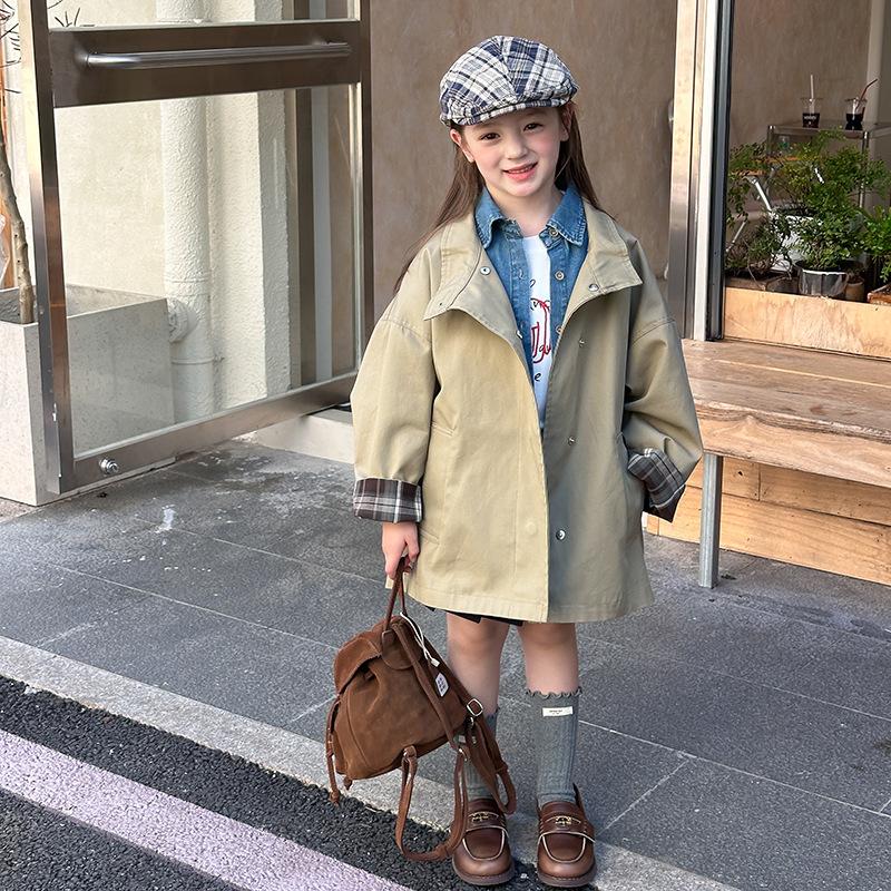 Girls Spring and Autumn New Korean Style Mid-Length High-Quality High-Density Combed Bamboo Twill Cotton Trench Coat2Years 90