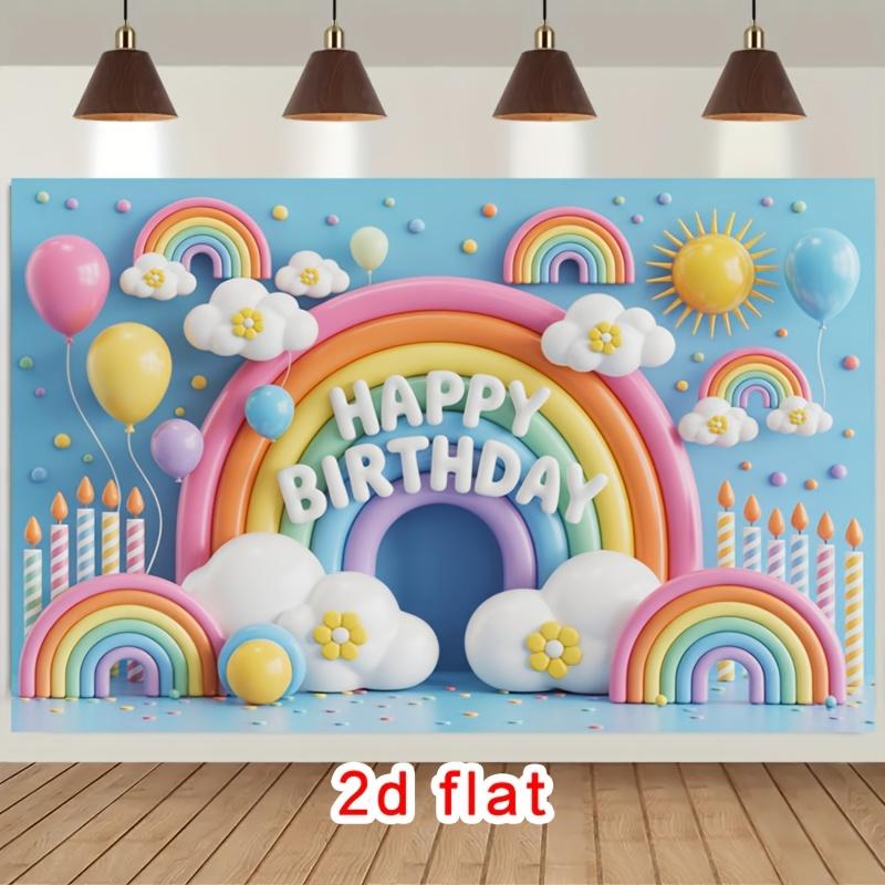 2D plane design 2D plane style [Party banner] 2D plane banner 1 happy birthday rainbow cloud balloon candle in colorful color 100x150cm