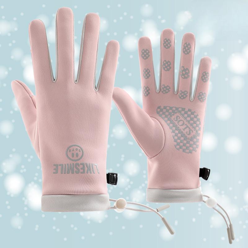 Warm Gloves for Women In Autumn and Winter New Style Plus Velvet Windproof and Cold-resistant Outdoor Riding Driving Anti Slip Touch Screen Gloves