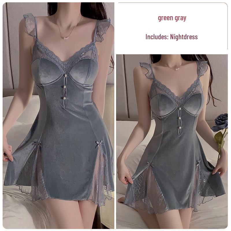 Gorgeous Lace See-Through Deep V Velvet Nightgown & Robe Set with Padding - Sweet Temptation 3908