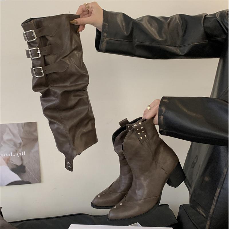 

Eilyken New Design Button Combination Splicing Women Knee-High Boots Fashion Pointed Toe Square Low Heels Autumn Winter Shoes 40 коричневый