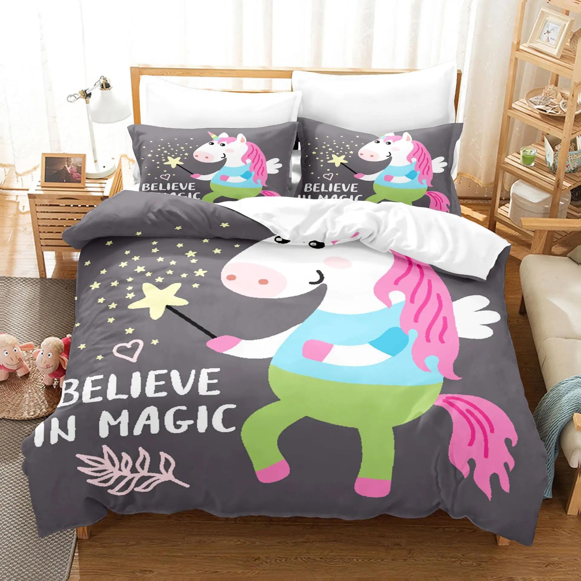 

140x20 Soft Duvet Cover Set+Pilowcover Birthday Gift for Young Boys/girls Print Carton Believe In Magic Unicorn Warm Comforter Cover for Kid 100*200cm Single