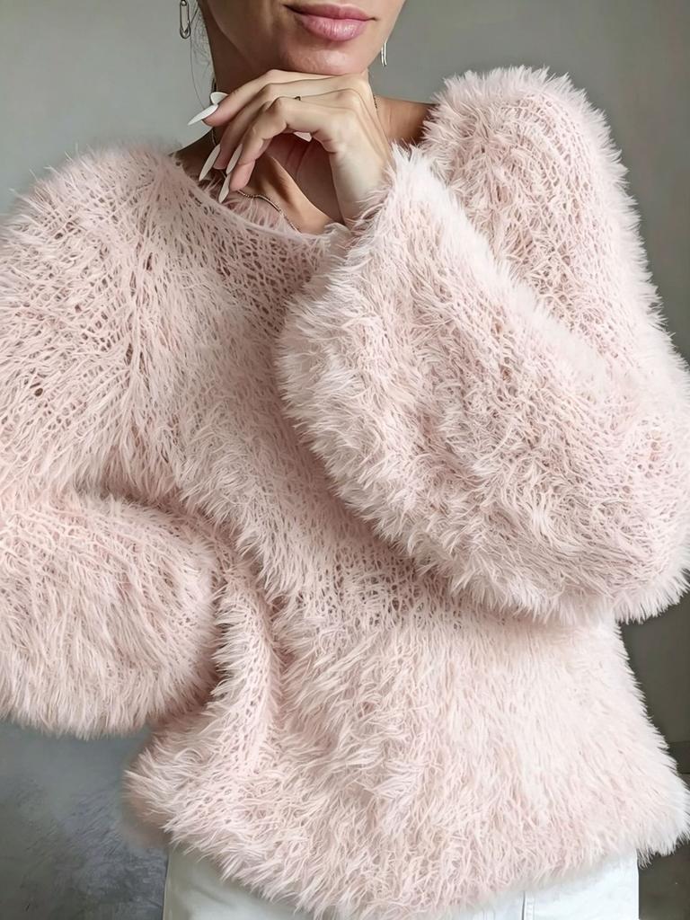 European and American women's clothing macaron round neck fluffy design sense solid color long-sleeved fluffy top
