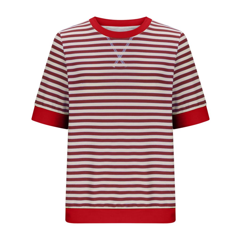 Tricou de vară pentru femei cu mânecă scurtă și gât rotund, cu imprimeu cu dungi