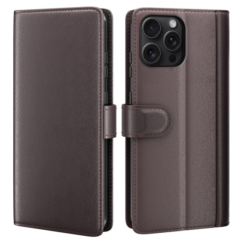 

For iPhone 16 Pro Case Genuine Split Leather Phone Cover with Wallet Stand Brown