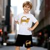 Boys 2 Piece Cartoon Cat Printed Outfit, Short Sleeve T-Shirt and Shorts Set for Kids Age 5-14, Black and White Sporty Casual Summer Clothes