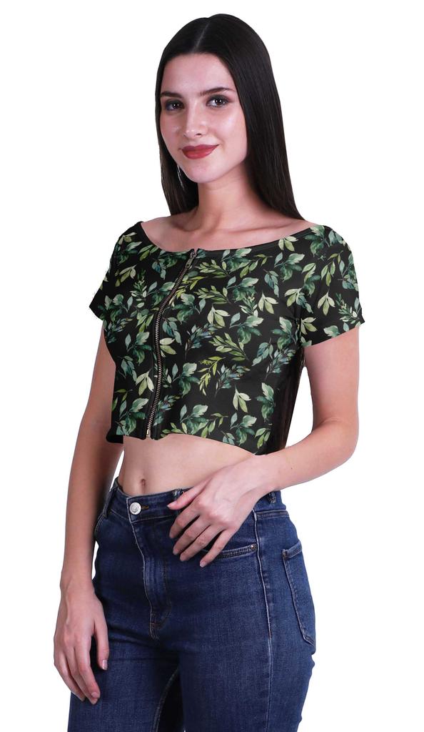 Moomaya Printed Boat Neck Womens Sexy Summer Tops Zip Front Viscose Crop Top