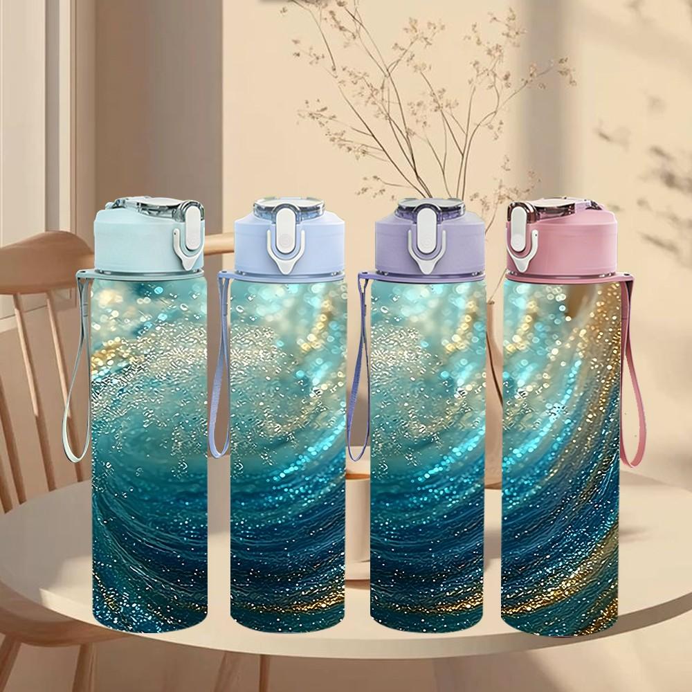 1 PZ Turchese Oro Marmo Fluido Pattern 750ml Plastica Colorata Borraccia Sportiva Tappo Flip-Top Anti-Goccia Adatta per Sport Ufficio Uso Domestico