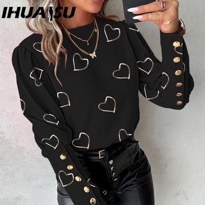 Autumn Winter Fashion Printed Long Sleeve Round Neck Button-down Shirt for Women T-shirt
