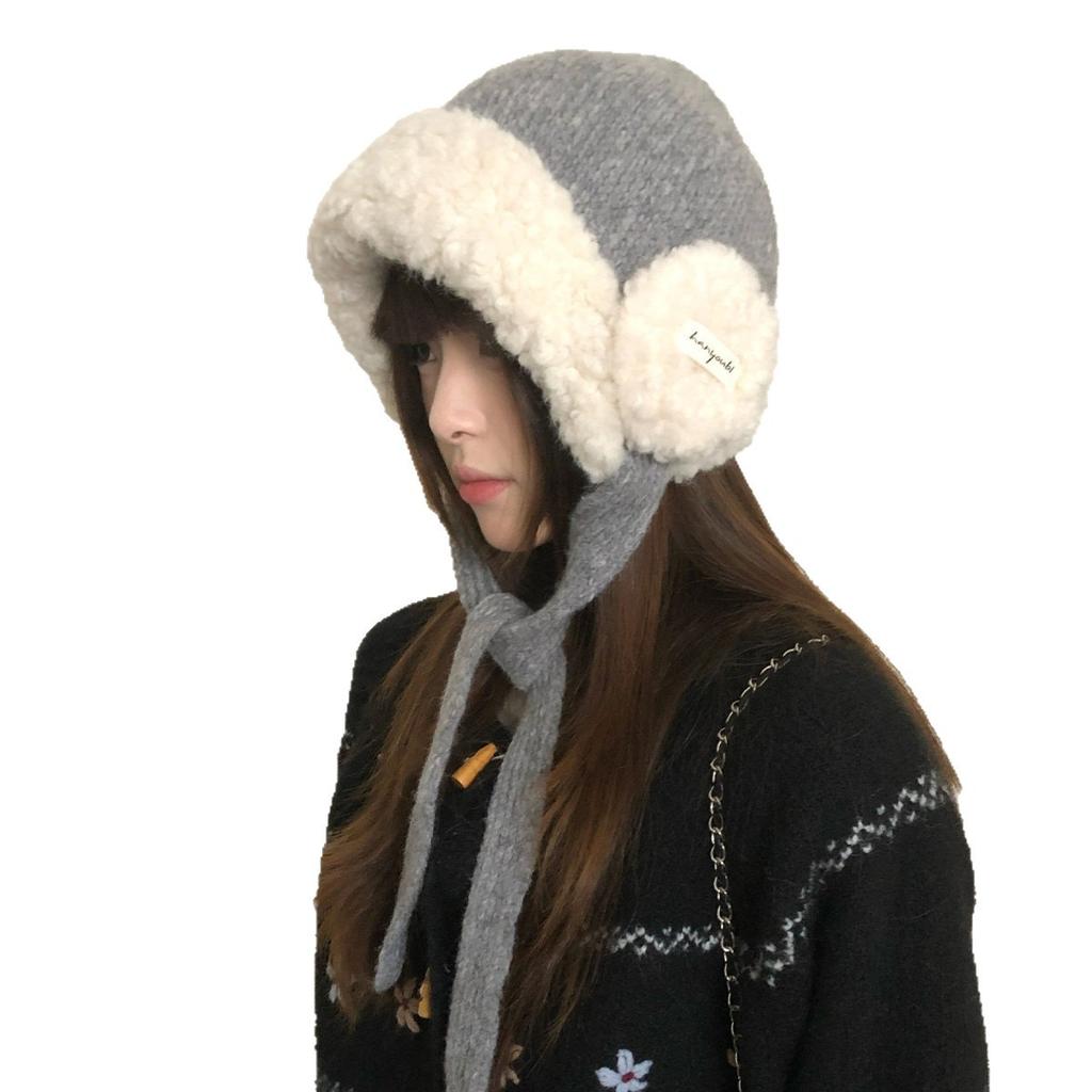 Autumn and winter plush thickened red ear protectors wool hat women's big head circumference warm knitted hat strapped Lei Feng hat tide