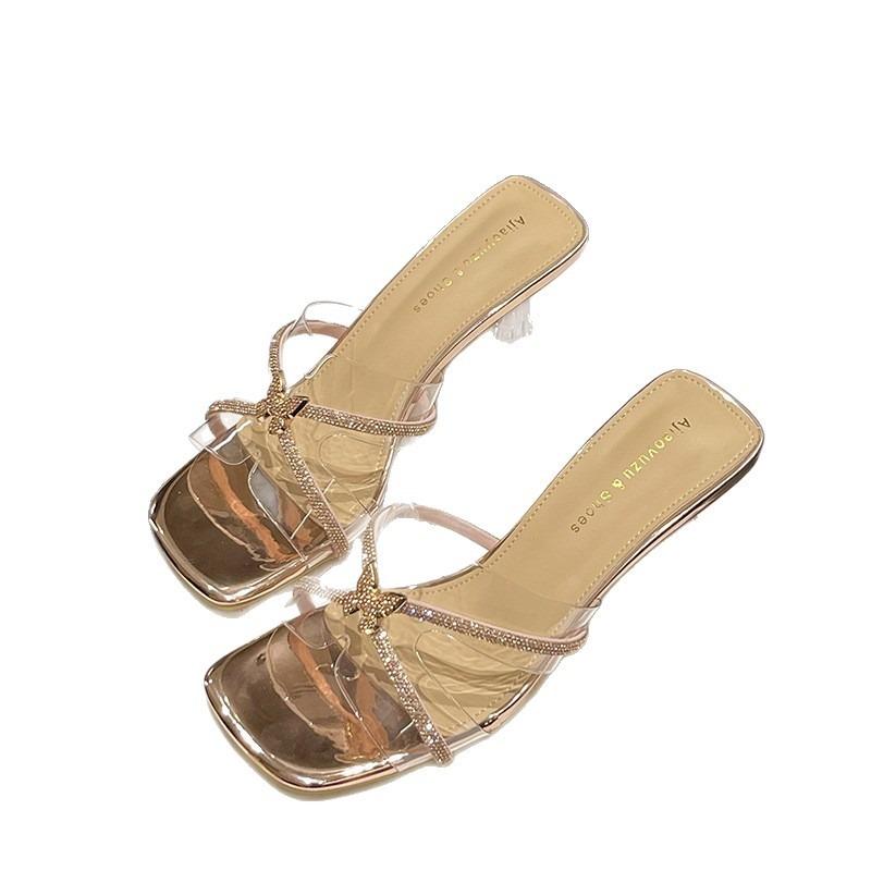 Transparent Shoes One-shoulder Shoes Half Slippers New Cool Slippers Crystal High Heels