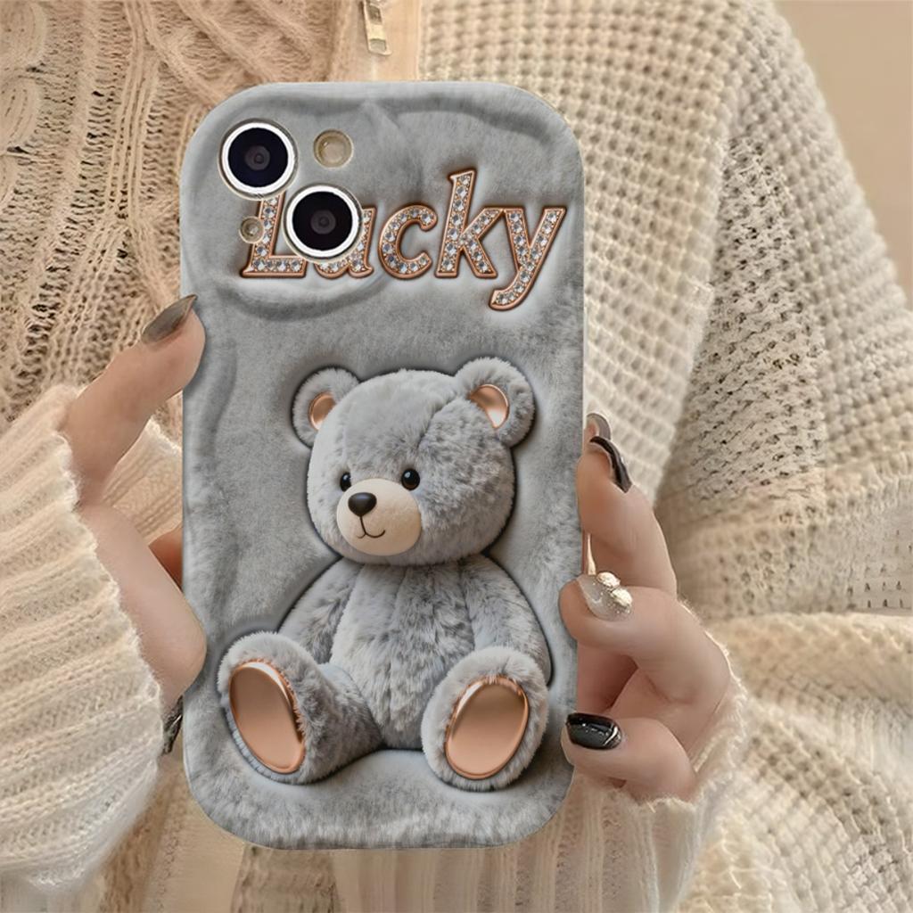 Gray Plush Teddy Bear Pattern Wavy Phone Case For Samsung Galaxy S26 S25 S24 Ultra S23 FE S22 S21 S20 Plus A16 A55 A54 A53 Cover