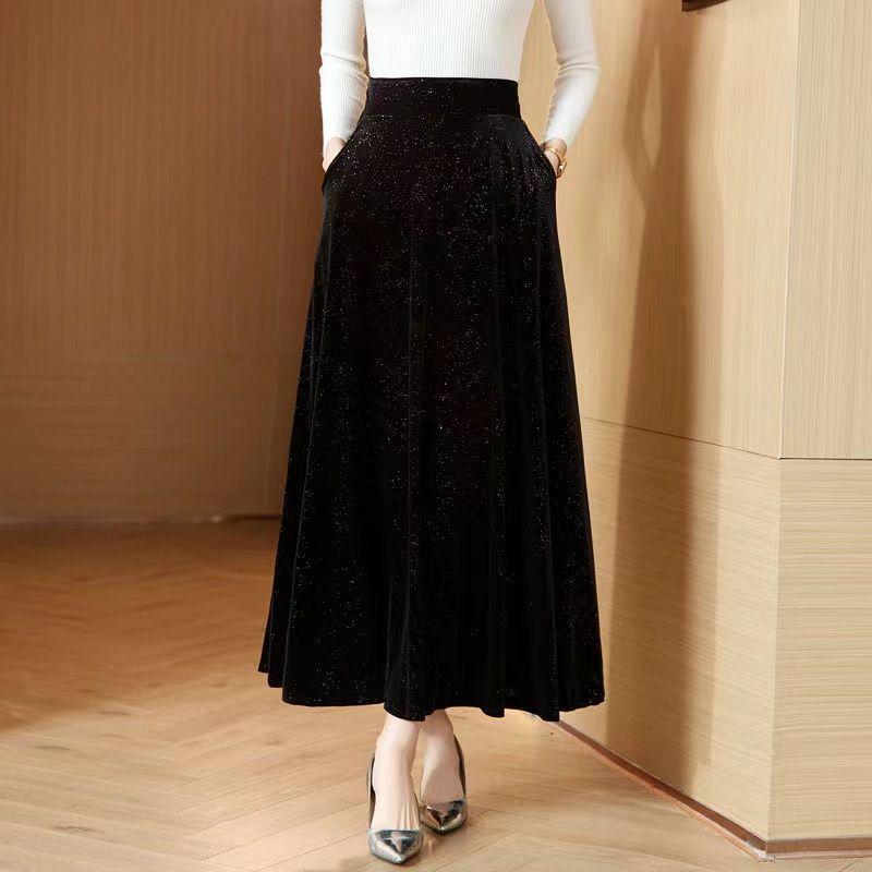 

Женская блестящая бархатная юбка Осень Зима Юбка А-силуэта с высокой талией и расклешенным низом S чёрный