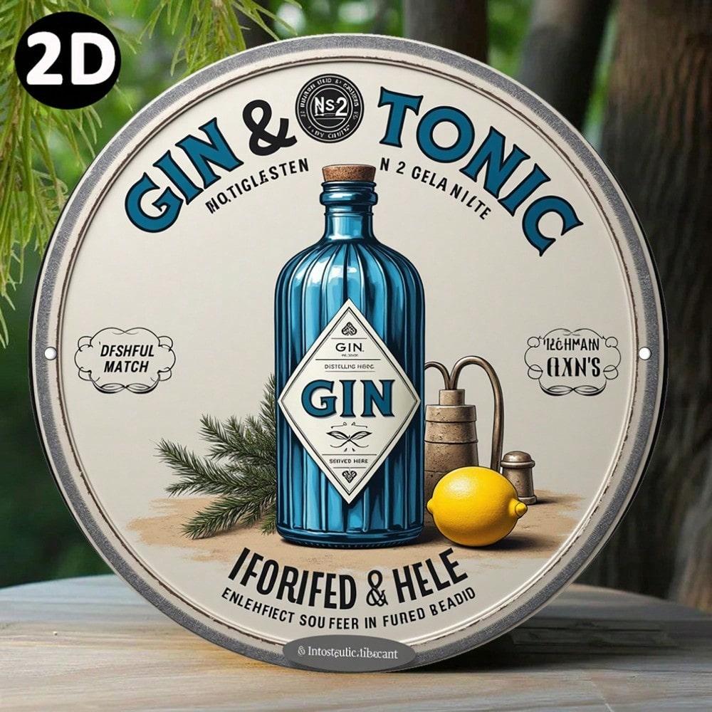 

Vintage Tin Sign Metal Wall Art Rustic Bar Decor Gin Tonic Round Plaque 20x20 разноцветный