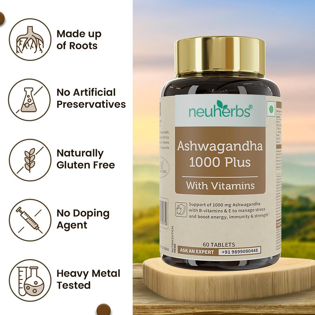 Neuherbs Ashwagandha 1000mg Energy Supplement Tablets for Stress Relief, Boost Mood, Immunity and Strength Pack of 2 X 60 Tablets