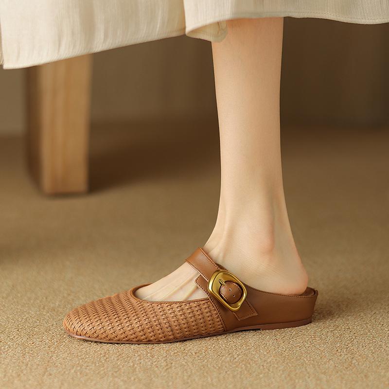 Fashion 2025 New Summer Women Mules Genuine Leather Women Shoes Round Toe Chunky Heel Shoes Cover Toe Slingback Sandals Slippers