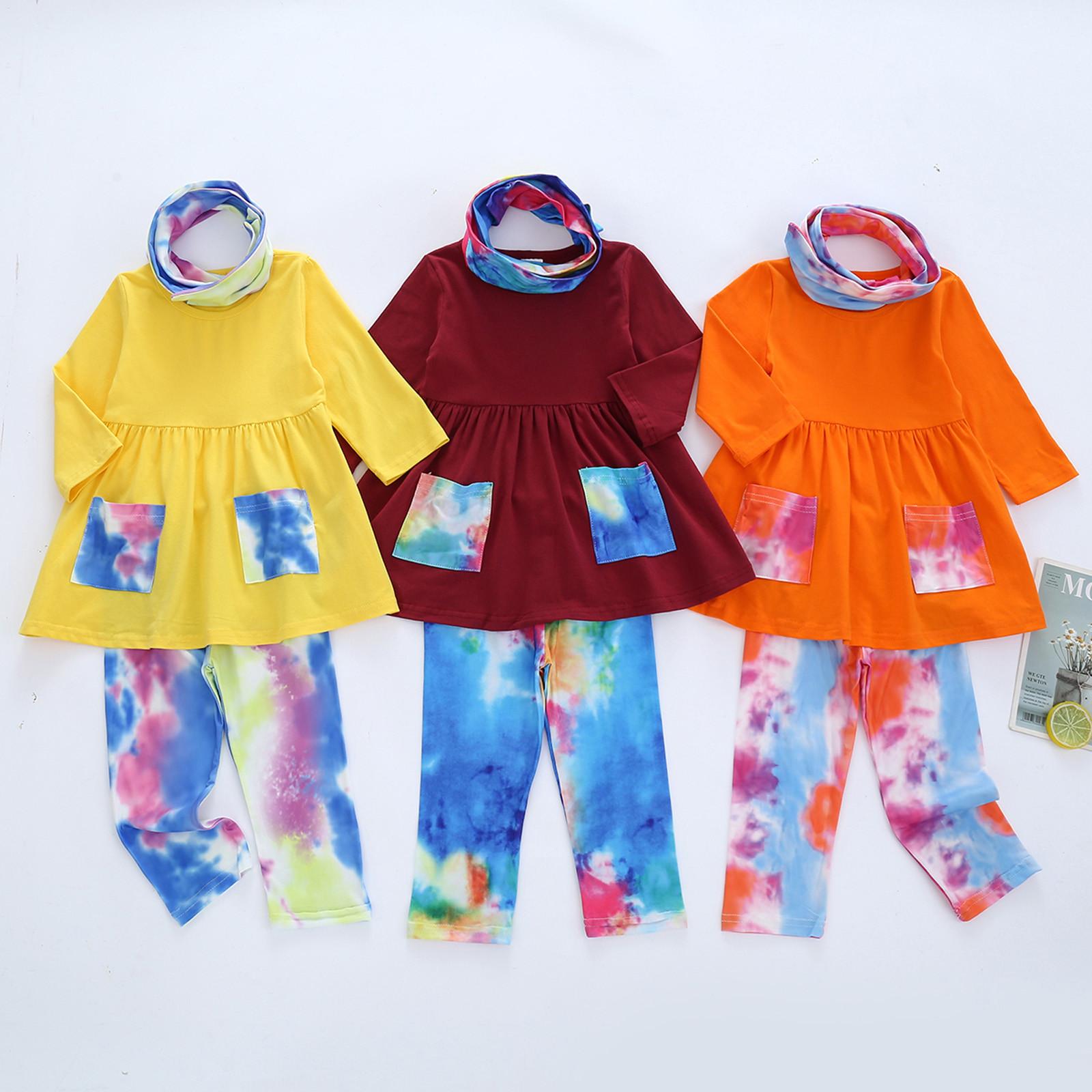 

Infant Baby Girls Long Sleeve Rainbow Tie-Dyed Print Tops+Pants Scarf Outfits Sagit