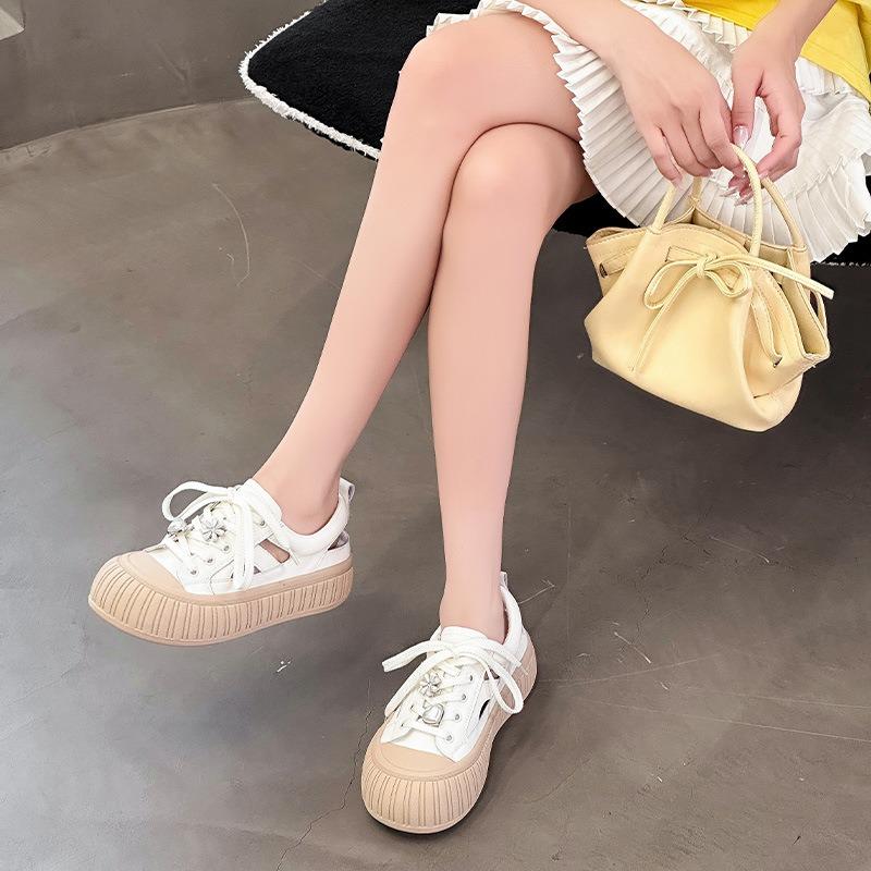 Baotou Sandals Women's New Summer Thick-soled Heightening Leather Hollowed-out Breathable Versatile Casual Empty White Shoes