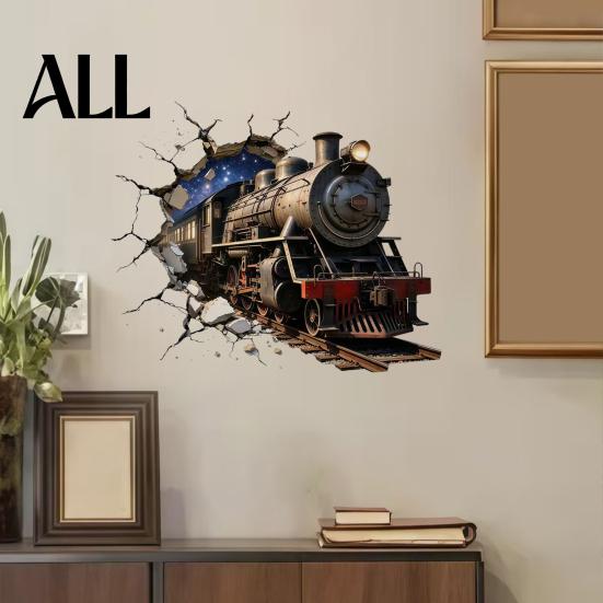 Easy Apply Wall Graphics 3D Retro Train Sticker, Break Through Decal, Peel and Stick Art Modern Decor for Internet Cafe Mural Kids Room Bedroom Living