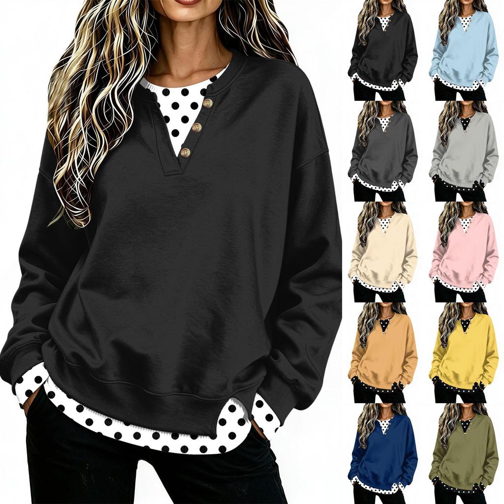 Damenmode V-Ausschnitt Langarm Knopfleiste Oberteil im Zweiteiler-Look