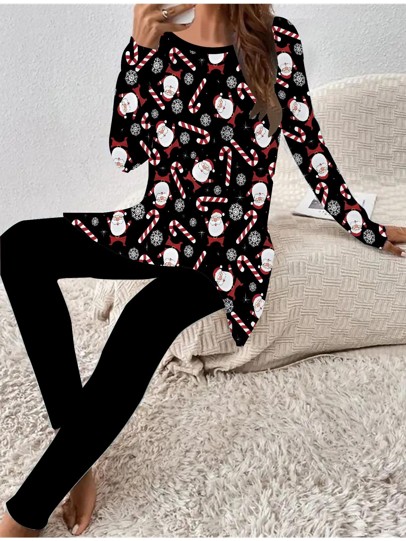 

Euro-American Fashion 3D Christmas Printed Women s Four-season Long-sleeved T-shirt + Long Pants Two-piece Set. Perfect Gift for New Year & Christmas 1XL