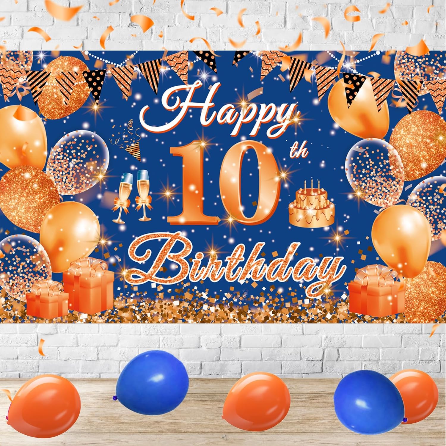 Large Happy 10th Birthday Banner Blue and Orange Ten Birthday Party Decorations Blue Orange 10 Year Old Backdrop Décor Supplies for Boys Girls Orange 10th