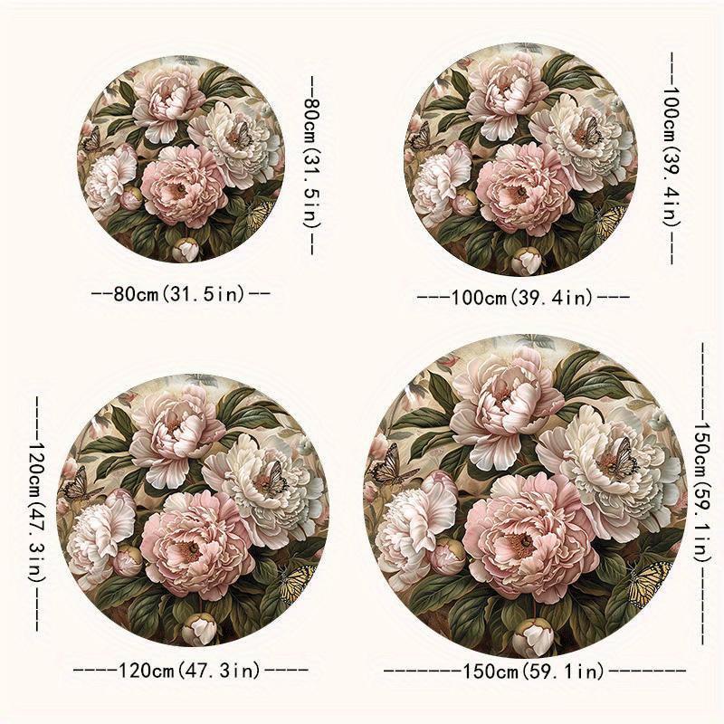 Tappeto Rotondo Floreale Vintage di Lusso Tappetino Decorativo Morbido Antiscivolo Tappeto con Stampa 2D Peonia Farfalla per Ingresso Decorazione Casa Regalo