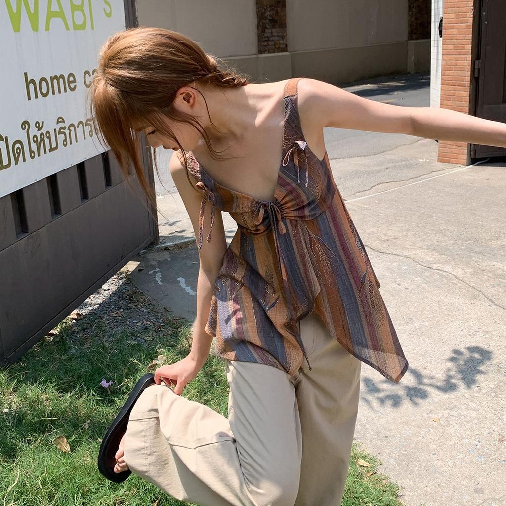 New Chinese Style Design Holiday Style Strap Camisole for Women's Summer New V-neck Niche Chic Top