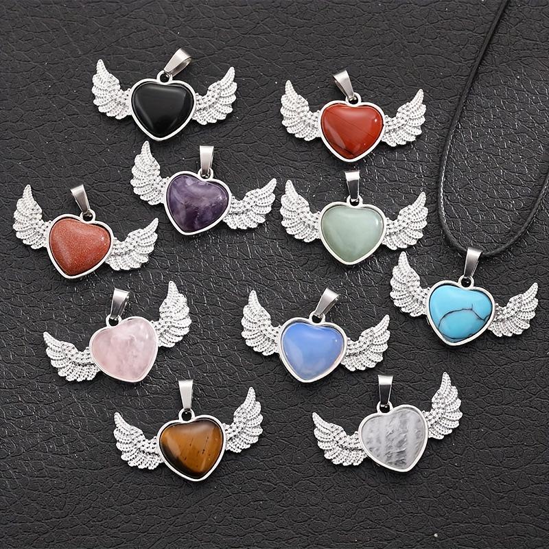 European & American Natural Stone Angel Heart Pendant with Wings