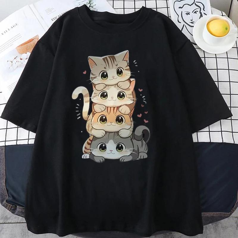 Cute Cartoon Cat Print Womens Unisexs Round Neck Short Sleeved Tshirt Casual Loose Versatile Summer T Shirt