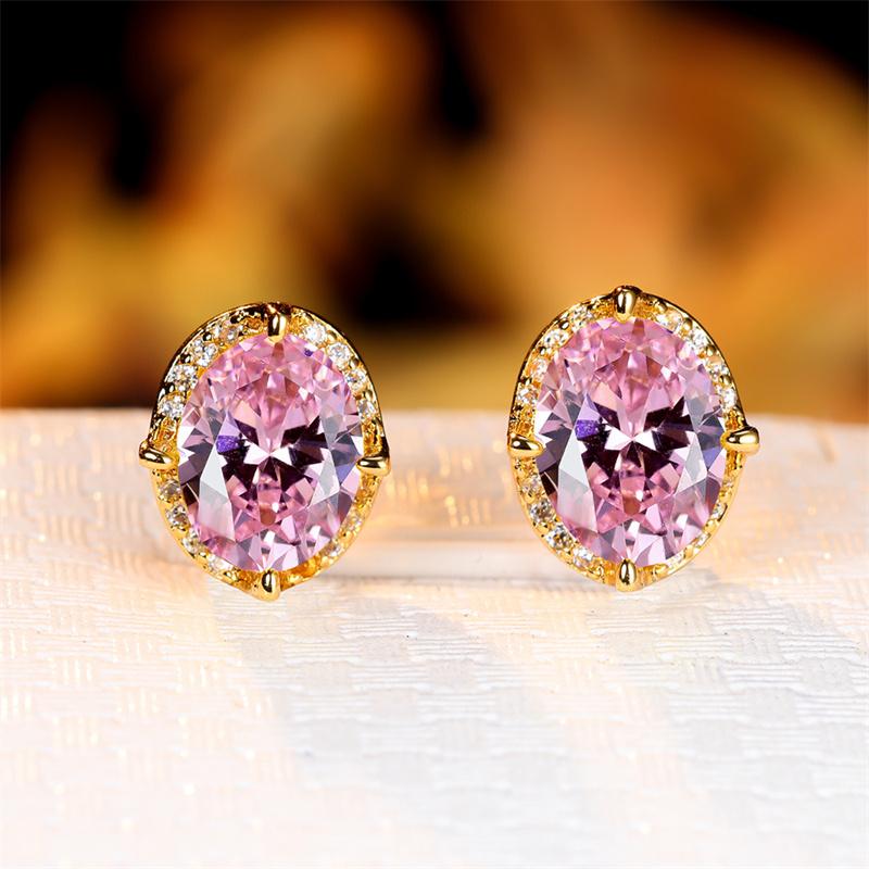 Crystal Female Red Oval Zircon Stud Earring Luxury Small Stone Earrings Charm Yellow Gold Color Wedding Jewelry For Women