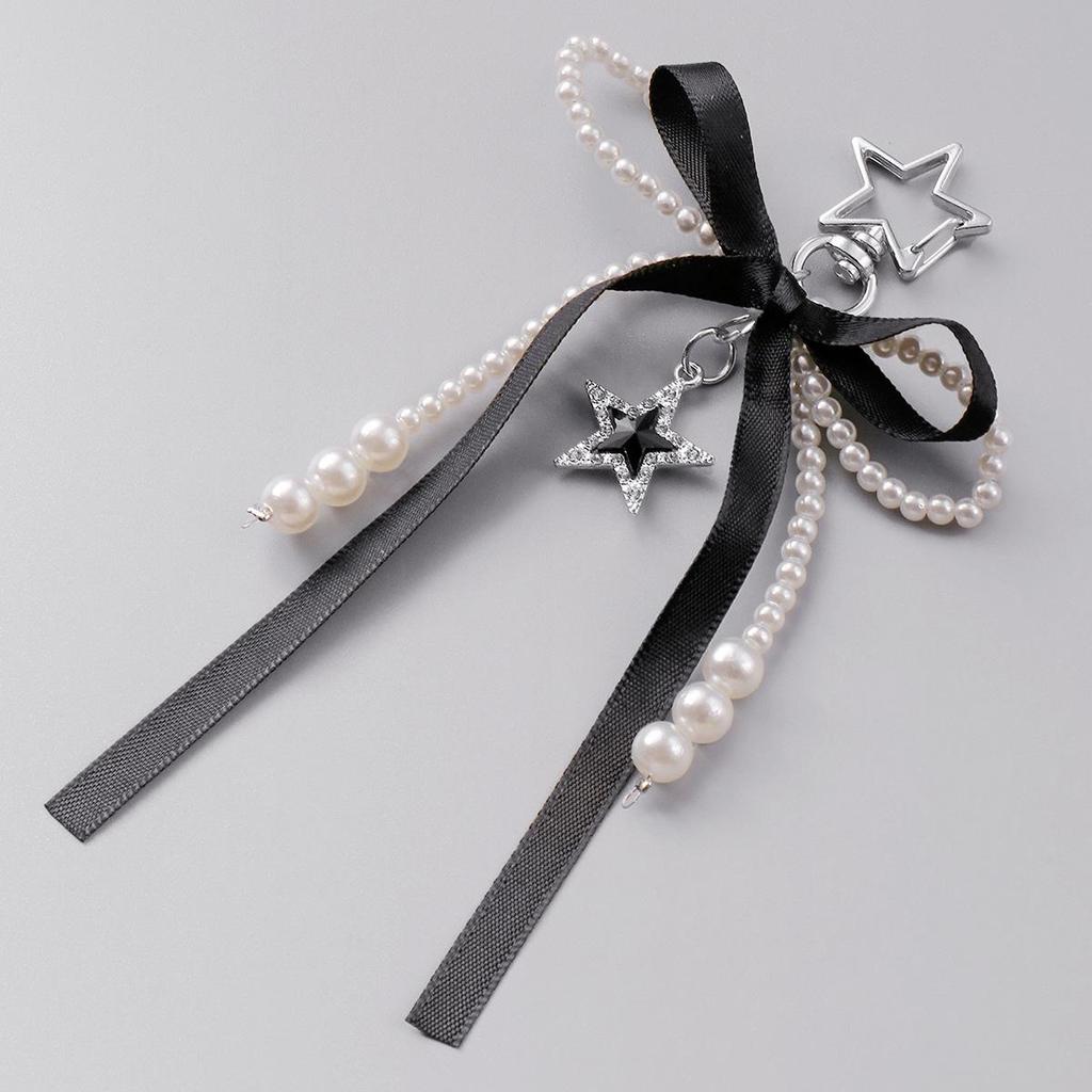 Versatile Multi-Color Webbing Faux Pearl Bow Rhinestone Star Keychain Charm