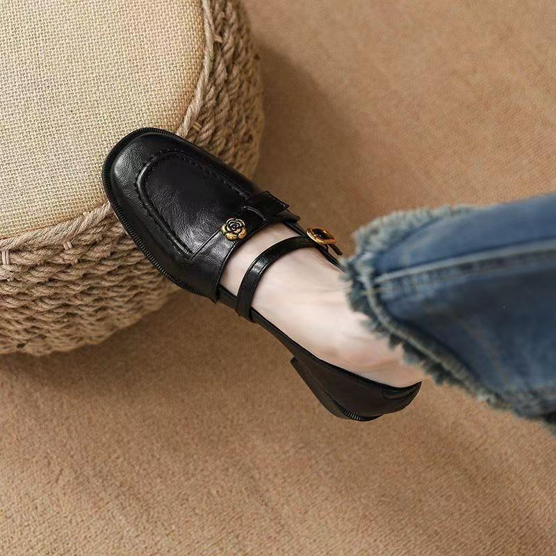 Soft Leather Version _ Soft Leather French Thick Heel Camellia Light Mouth Single Shoes Women's Spring New Retro Mary Jane Small Leather Shoes -