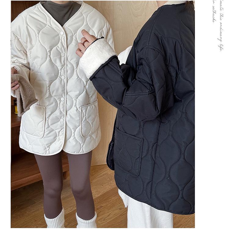 Bomullsjacka för dam i koreansk stil med diamantmönster, kraglös - Kort, sömlös, lättviktig för höst & vinter