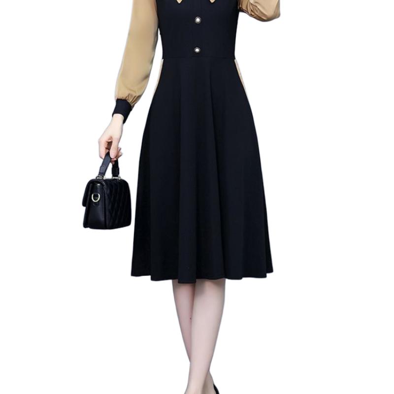 Women's Korean-Style Casual Slimming Elegant A-Line Dress Zipper Patchwork Button Fake Two-Piece Long-Sleeve Dress