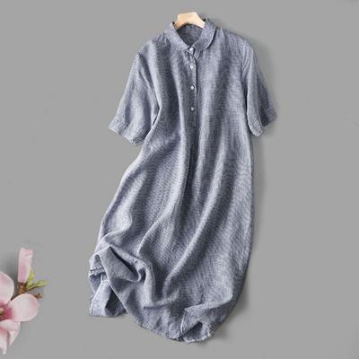 Summer Lady Dress Turn-down Collar Short Sleeves Buttons A-line Flowy Hem Retro Printed Casual Loose Midi Dress