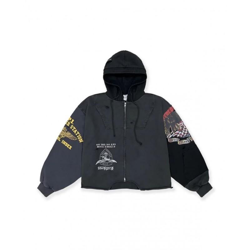 Mens Reversible Patchwork Hooded Sweatshirt With