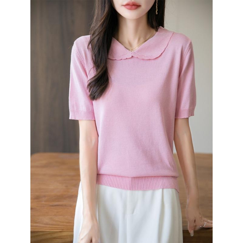 Doll Collar Ice Silk T-shirt Button-down New Summer Sweater Short-sleeved Age-reducing Top