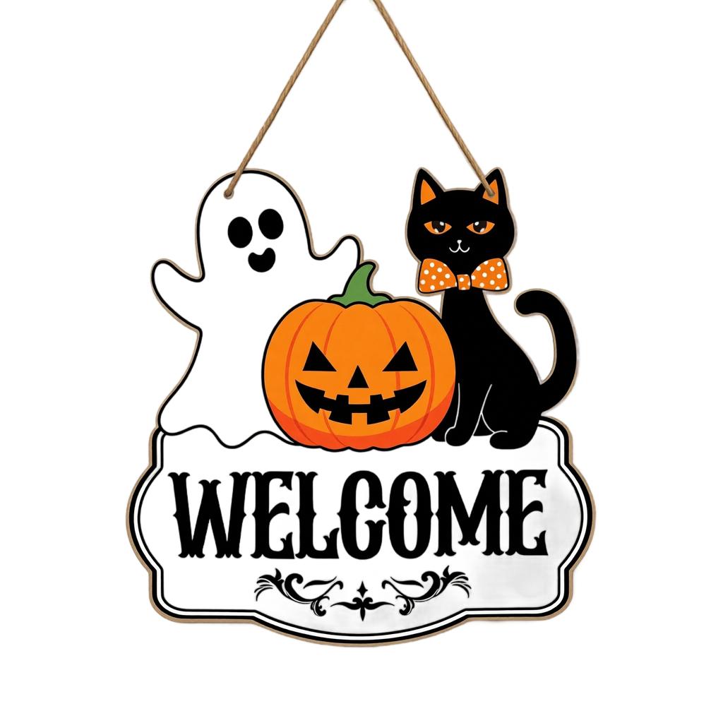 Halloween Wooden Hanging Sign Welcome Door Plaque Wall Decoration with Pumpkin Ghost Black Cat Bat Spider Web Theme for Party Home Craft