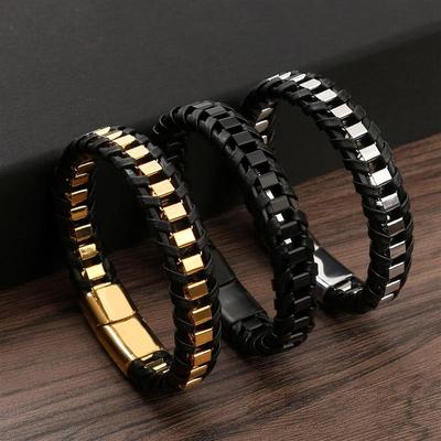 Pulseras de cuero negro tejidas con cuerda trenzada para hombre, brazalete de acero inoxidable estilo Punk para amigo, amuleto, regalos de joyería de moda