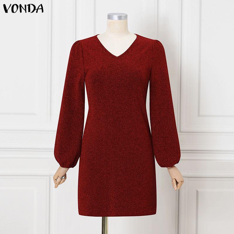 VONDA Autumn Women V Neck Long Sleeve Texture Glitter Casual Party Bodycon Mini Dress S