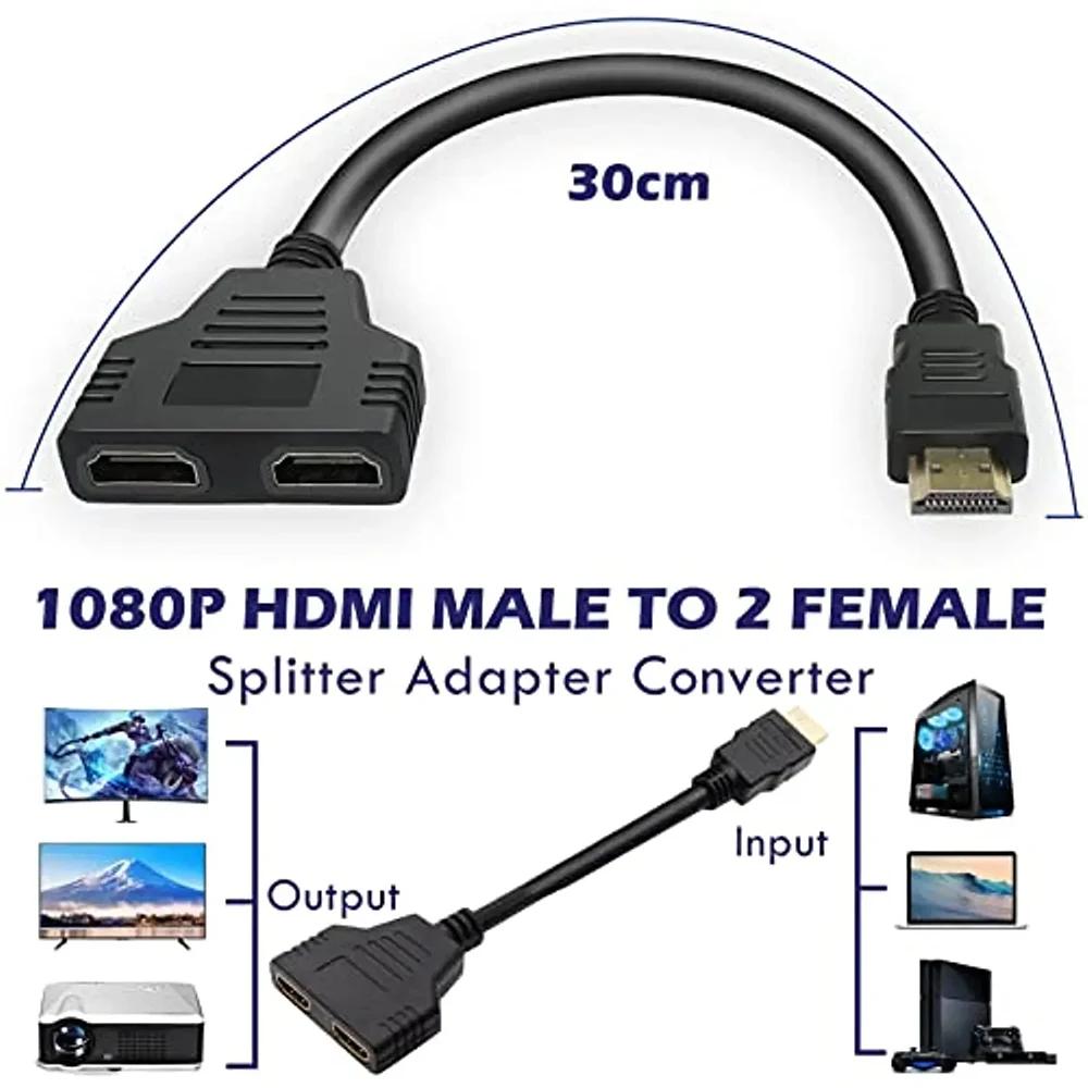1 in 2 HD Splitter Adapter 1080P HDMI Splitter 1 Male To Dual HDMI Head Adapter HDTV Conversion Cable for Laptop TV Box Monitor