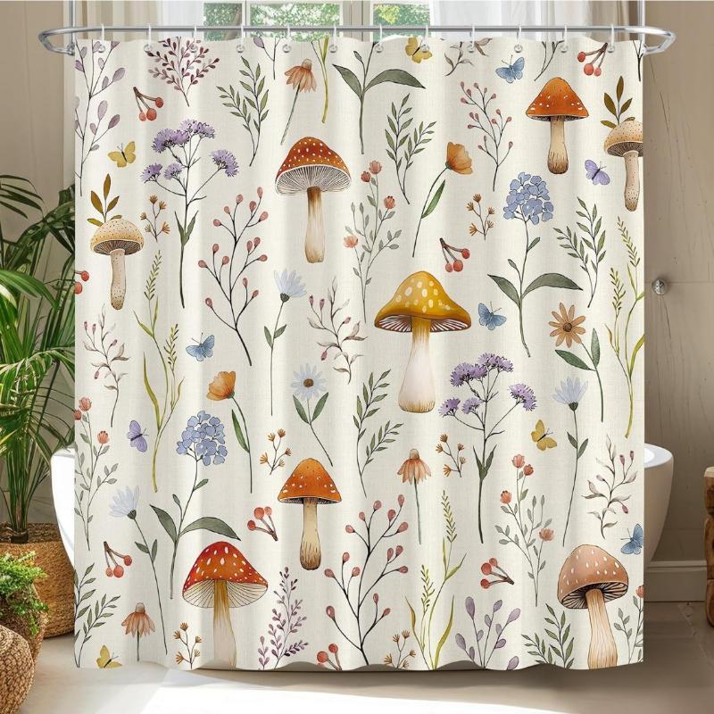 

Mushroom Shower Curtains for Bathroom,Vintage Botanical Bathroom Shower Curtain Set Plants Wildflower Fabric Curtains with Hooks 90x180CM