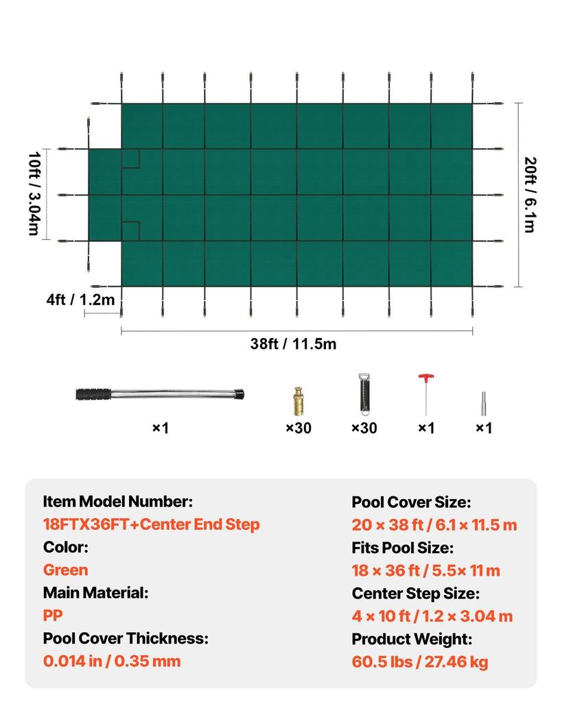Pool Safety Cover Fits 18x36ft Rectangle Inground Pools, Safety Pool Cover with 4x10ft Center End Step, Mesh Solid Pool Cover with Drainage Holes for
