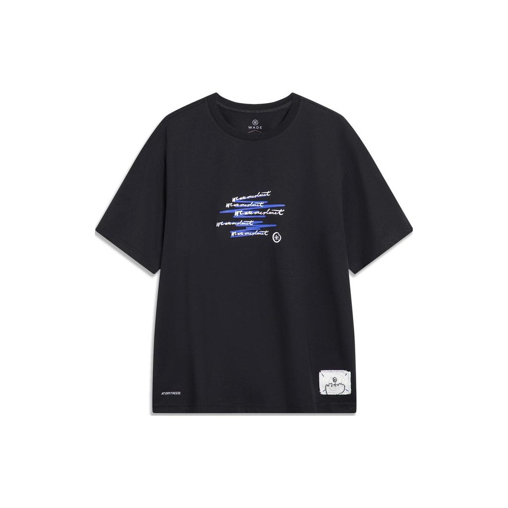 Lining X Salventius Collaboration Wade Series Letter Print Loose Short Sleeve T-Shirt Unisex Tops Black AHST339-1