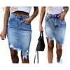 Women Summer Denim Skirt High Waist Button Zipper Fly Mini Skirt Ripped Holes Irregular Hem Hip Wrapped Skirt Streetwear