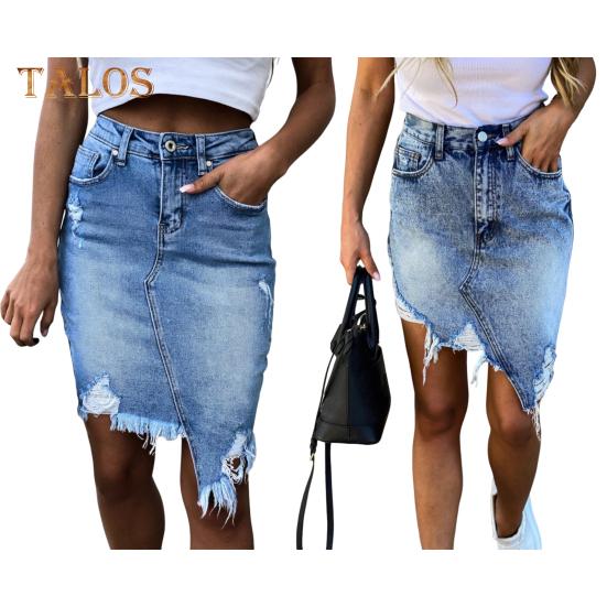 Women Summer Denim Skirt High Waist Button Zipper Fly Mini Skirt Ripped Holes Irregular Hem Hip Wrapped Skirt Streetwear