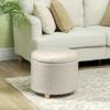 Round Upholstered Storage Ottoman with Lid, Wooden Legs, Cream White