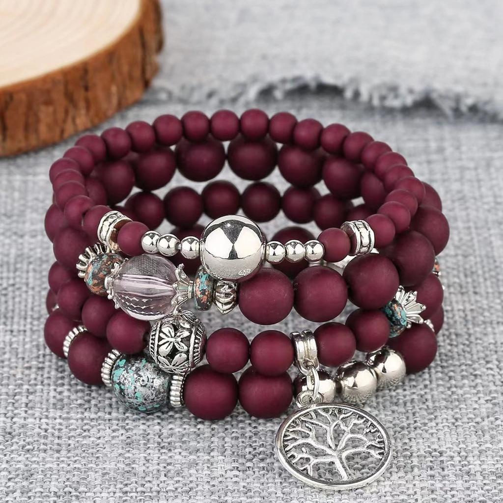 Bohemian Beaded Bracelet Frosted Glass Beads Tree Of Life Pendant Handmade Adjustable Ornament