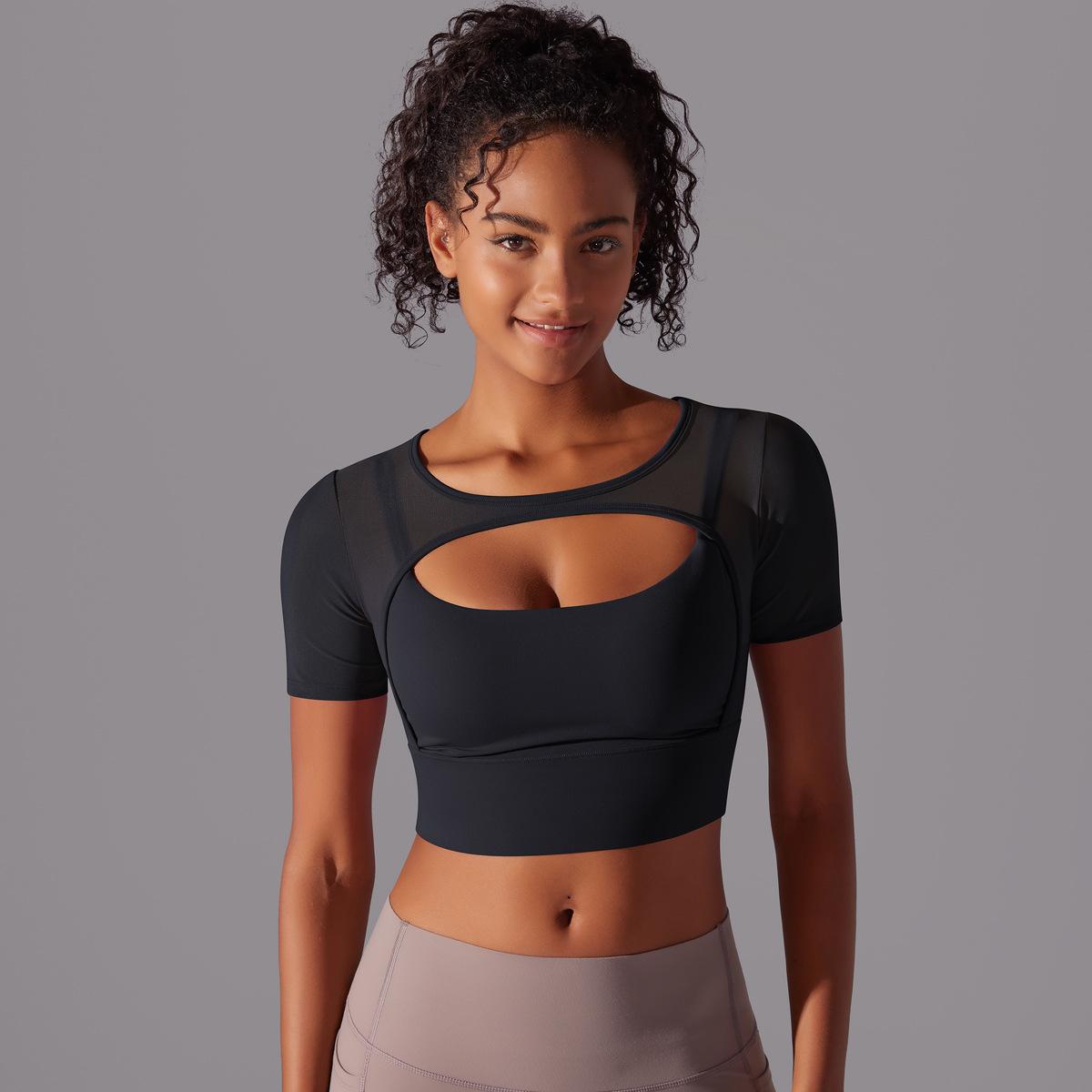 

Classic Solid Color Splicing Mesh Sexy Double-layer Short Sleeved Camisole Bra Running Fitness Double-layer Yoga Suit Top For Women L чорний